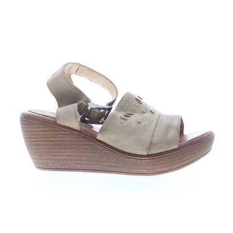 Miz Mooz Striking Womens Beige Leather Hook & Loop Wedges Sandals Shoes
