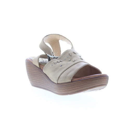 Miz Mooz Striking Womens Beige Leather Hook & Loop Wedges Sandals Shoes