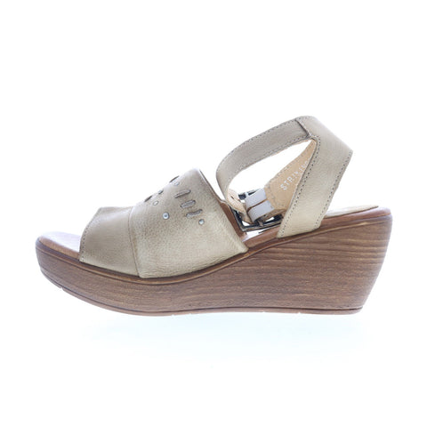 Miz Mooz Striking Womens Beige Leather Hook & Loop Wedges Sandals Shoes