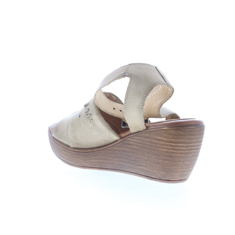 Miz Mooz Striking Womens Beige Leather Hook & Loop Wedges Sandals Shoes