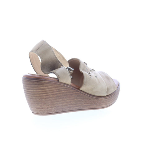 Miz Mooz Striking Womens Beige Leather Hook & Loop Wedges Sandals Shoes