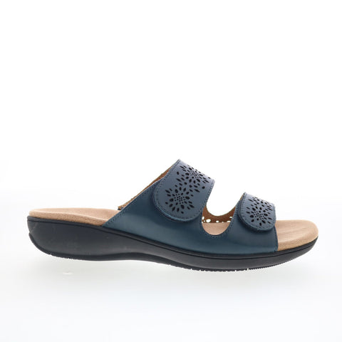 Trotters Ruthie T2113-400 Womens Blue Leather Slip On Slides Sandals Shoes