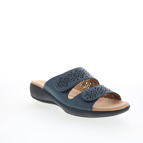 Trotters Ruthie T2113-400 Womens Blue Leather Slip On Slides Sandals Shoes
