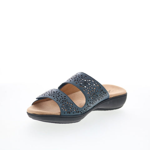 Trotters Ruthie T2113-400 Womens Blue Leather Slip On Slides Sandals Shoes