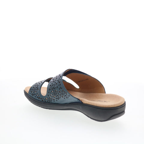 Trotters Ruthie T2113-400 Womens Blue Leather Slip On Slides Sandals Shoes