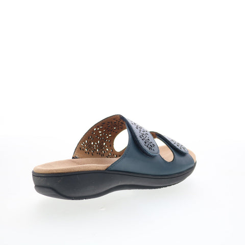 Trotters Ruthie T2113-400 Womens Blue Leather Slip On Slides Sandals Shoes