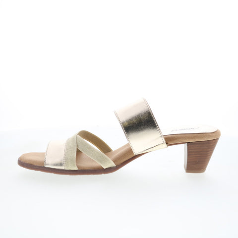 Trotters Maxine T2207-719 Womens Gold Leather Slip On Heeled Sandals Shoes