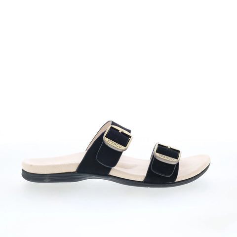 Spenco Vista SP1065BLK Womens Black Leather Slip On Slides Sandals Shoes