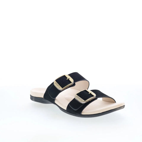 Spenco Vista SP1065BLK Womens Black Leather Slip On Slides Sandals Shoes