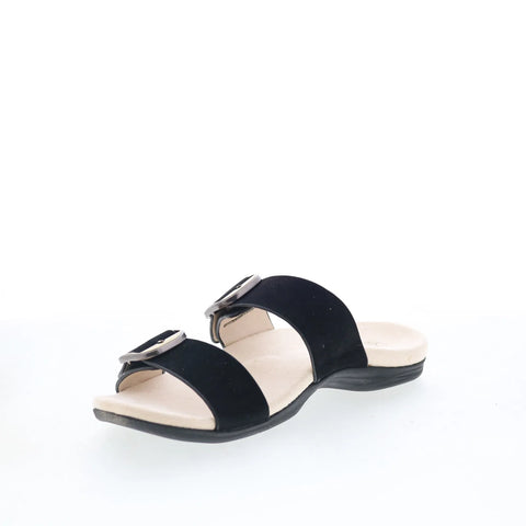 Spenco Vista SP1065BLK Womens Black Leather Slip On Slides Sandals Shoes