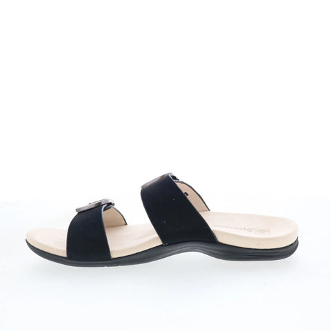 Spenco Vista SP1065BLK Womens Black Leather Slip On Slides Sandals Shoes