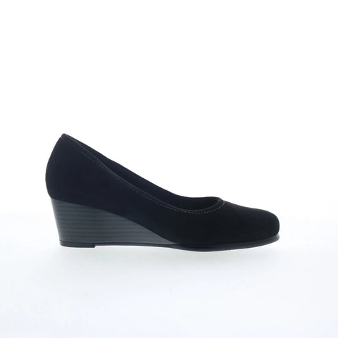 Trotters Winnie T1965-003 Womens Black Nubuck Slip On Wedges Heels Shoes