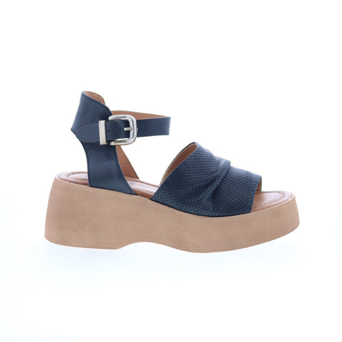 Miz Mooz Wonder Womens Black Leather Hook & Loop Wedges Sandals Shoes