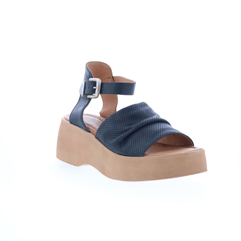 Miz Mooz Wonder Womens Black Leather Hook & Loop Wedges Sandals Shoes