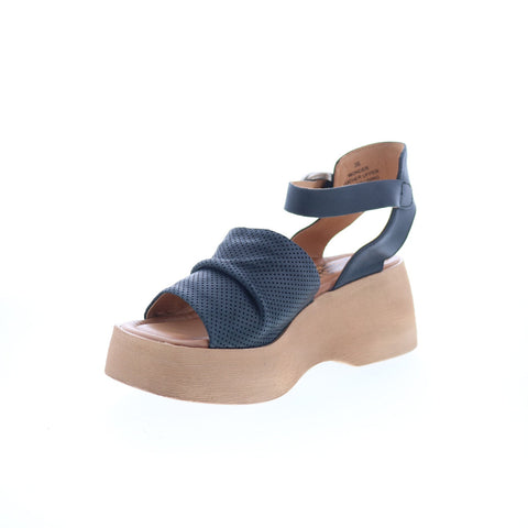 Miz Mooz Wonder Womens Black Leather Hook & Loop Wedges Sandals Shoes