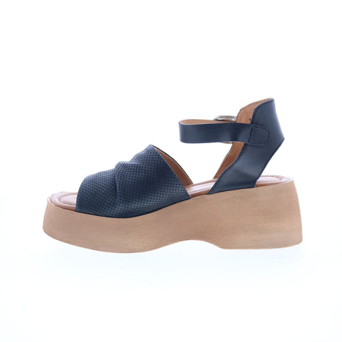 Miz Mooz Wonder Womens Black Leather Hook & Loop Wedges Sandals Shoes