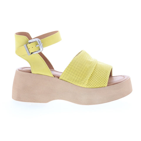 Miz Mooz Wonder Womens Yellow Leather Hook & Loop Wedges Sandals Shoes