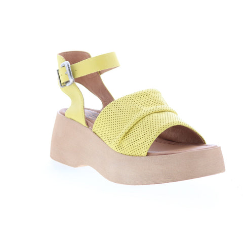 Miz Mooz Wonder Womens Yellow Leather Hook & Loop Wedges Sandals Shoes