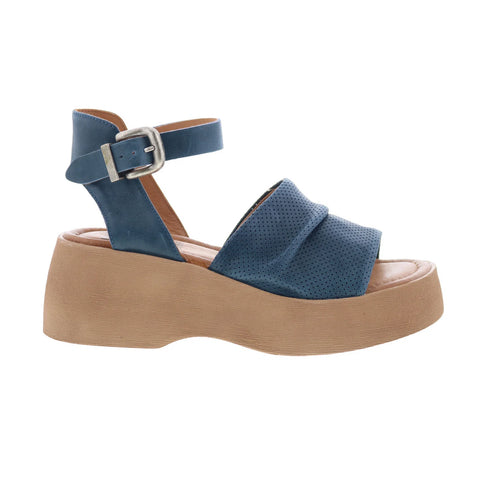 Miz Mooz Wonder Womens Blue Leather Hook & Loop Wedges Sandals Shoes