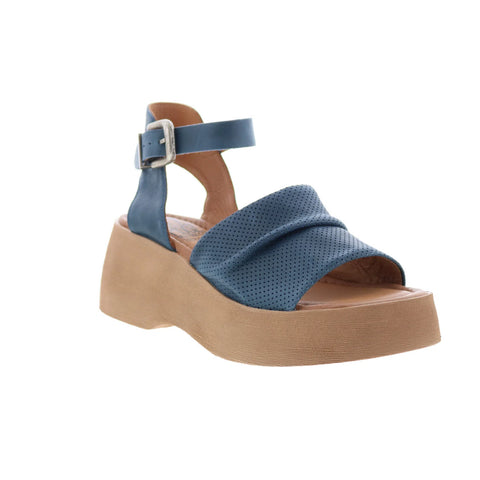 Miz Mooz Wonder Womens Blue Leather Hook & Loop Wedges Sandals Shoes