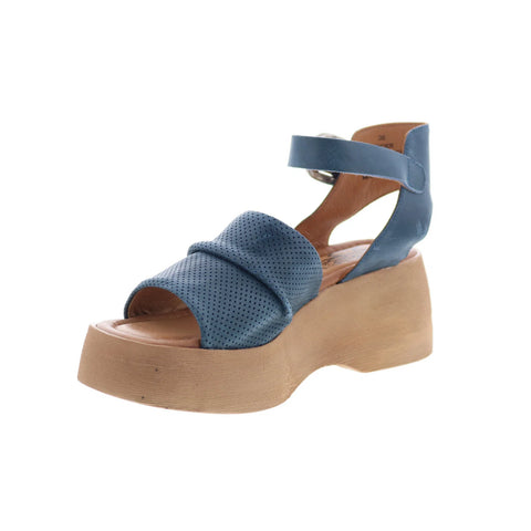 Miz Mooz Wonder Womens Blue Leather Hook & Loop Wedges Sandals Shoes