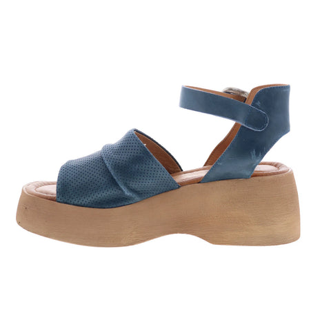 Miz Mooz Wonder Womens Blue Leather Hook & Loop Wedges Sandals Shoes