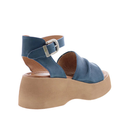 Miz Mooz Wonder Womens Blue Leather Hook & Loop Wedges Sandals Shoes