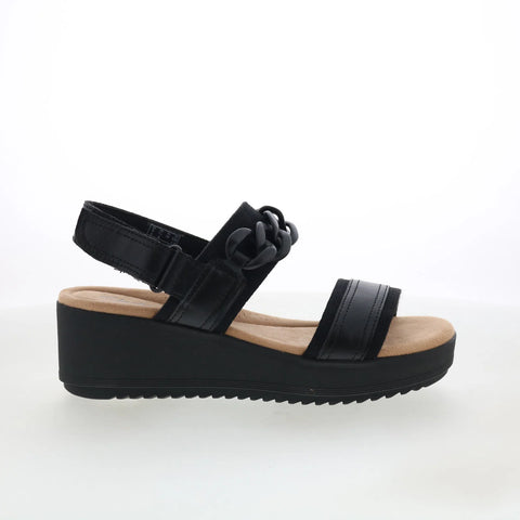 Clarks Wrenly Eve 26182085 Womens Black Wide Leather Wedges Sandals Shoes