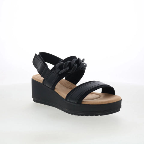 Clarks Wrenly Eve 26182085 Womens Black Wide Leather Wedges Sandals Shoes