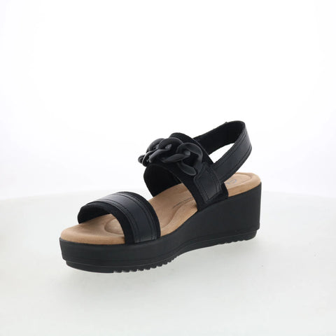 Clarks Wrenly Eve 26182085 Womens Black Wide Leather Wedges Sandals Shoes