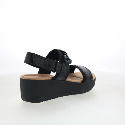 Clarks Wrenly Eve 26182085 Womens Black Wide Leather Wedges Sandals Shoes