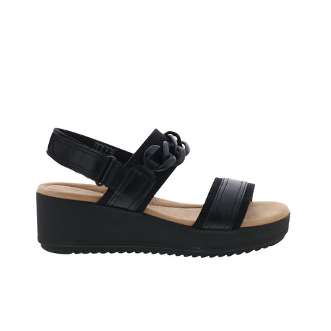 Clarks Wrenly Eve 26182085 Womens Black Wide Leather Wedges Sandals Shoes