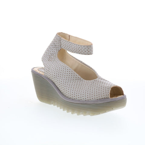Fly London Yala YALA376FLY PERF-059 Womens Beige Leather Wedges Sandals Shoes