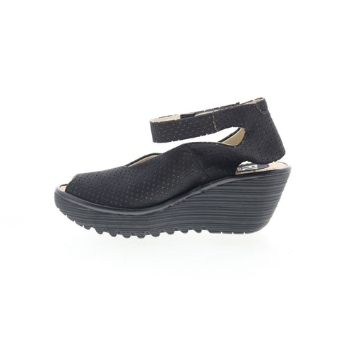 Fly London Yala Perf YALA PERF-028 Womens Black Leather Wedges Sandals Shoes