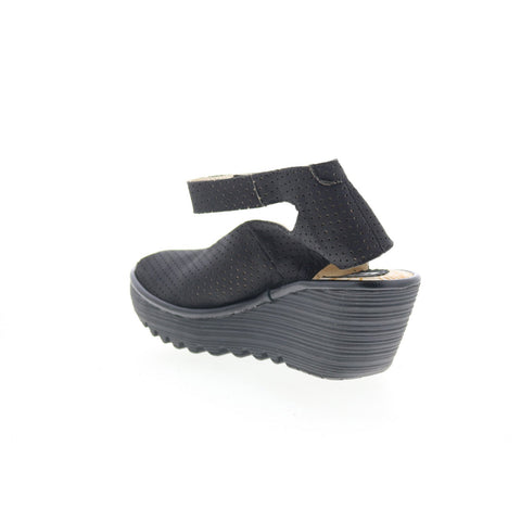 Fly London Yala Perf YALA PERF-028 Womens Black Leather Wedges Sandals Shoes