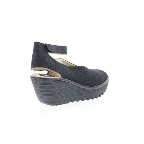 Fly London Yala Perf YALA PERF-028 Womens Black Leather Wedges Sandals Shoes