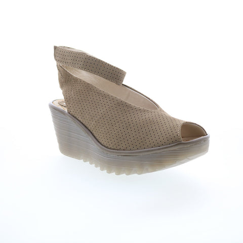 Fly London Yala Perf Wide Womens Brown Leather Wedges Sandals Shoes