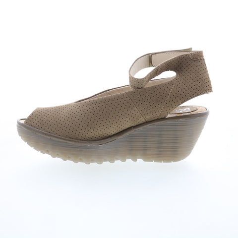 Fly London Yala Perf Wide Womens Brown Leather Wedges Sandals Shoes