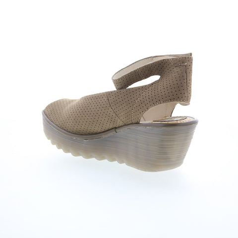 Fly London Yala Perf Wide Womens Brown Leather Wedges Sandals Shoes