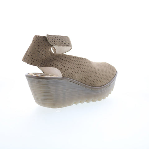 Fly London Yala Perf Wide Womens Brown Leather Wedges Sandals Shoes