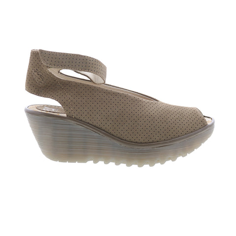 Fly London Yala Perf Wide Womens Brown Leather Wedges Sandals Shoes