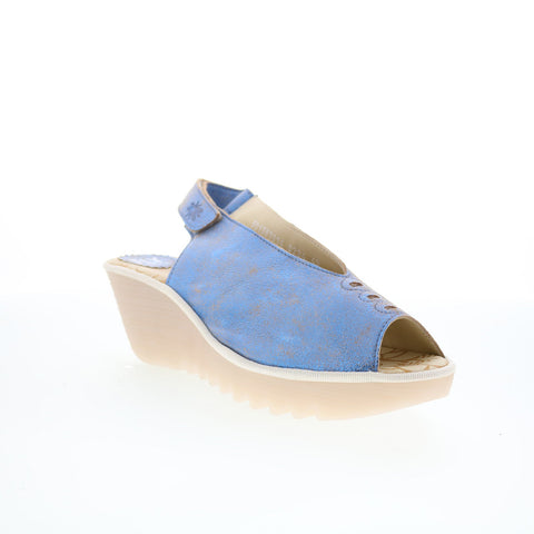 Fly London Yeay YEAY387FLY-014 Womens Blue Leather Wedges Sandals Shoes
