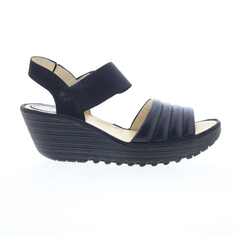 Fly London Yiko YIKO414FLY-000 Womens Black Leather Wedges Sandals Shoes