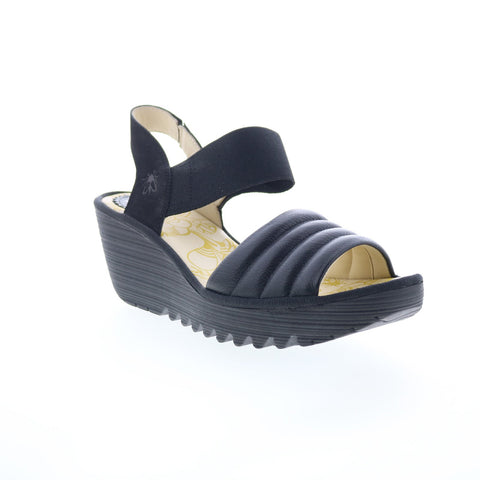 Fly London Yiko YIKO414FLY-000 Womens Black Leather Wedges Sandals Shoes