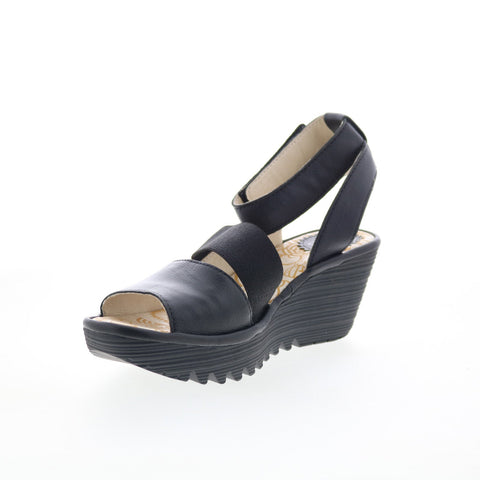 Fly London Yode YODE126FLY-007 Womens Black Leather Wedges Sandals Shoes