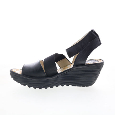 Fly London Yode YODE126FLY-007 Womens Black Leather Wedges Sandals Shoes