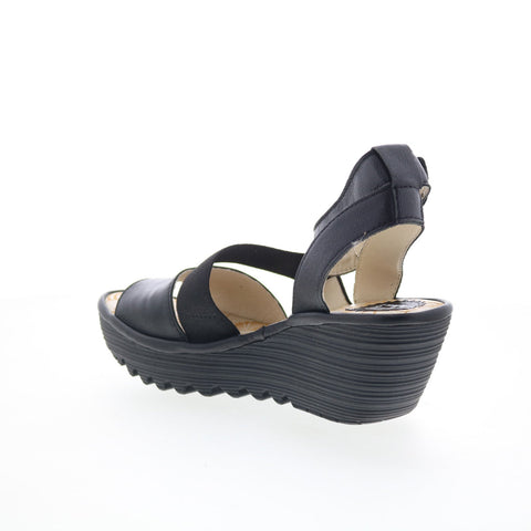 Fly London Yode YODE126FLY-007 Womens Black Leather Wedges Sandals Shoes
