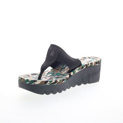 Fly London Yomu YOMU725FLY-004 Womens Black Leather Wedges Sandals Shoes