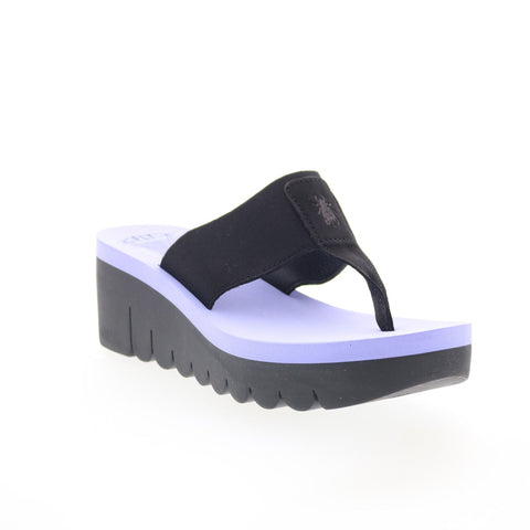 Fly London Yomu YOMU725FLY-010 Womens Black Leather Wedges Sandals Shoes
