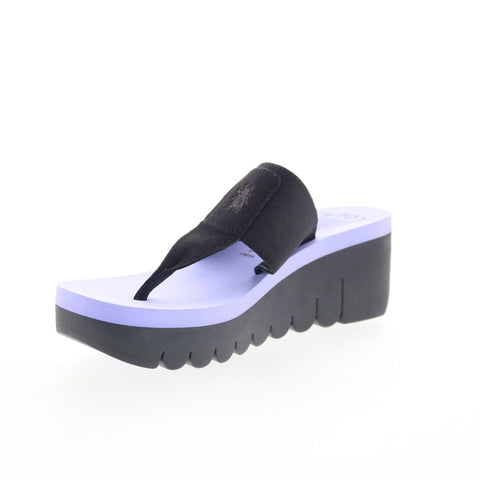 Fly London Yomu YOMU725FLY-010 Womens Black Leather Wedges Sandals Shoes
